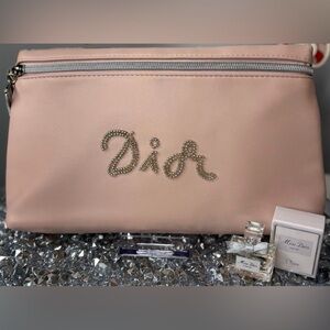 Dior Blush Pink Cosmetic Bag with Silver Accents and mini Miss Dior Perfume